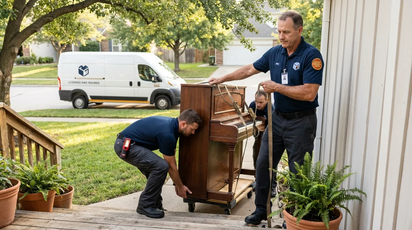 Licensed piano movers securing grand piano in Pine Grove, CA