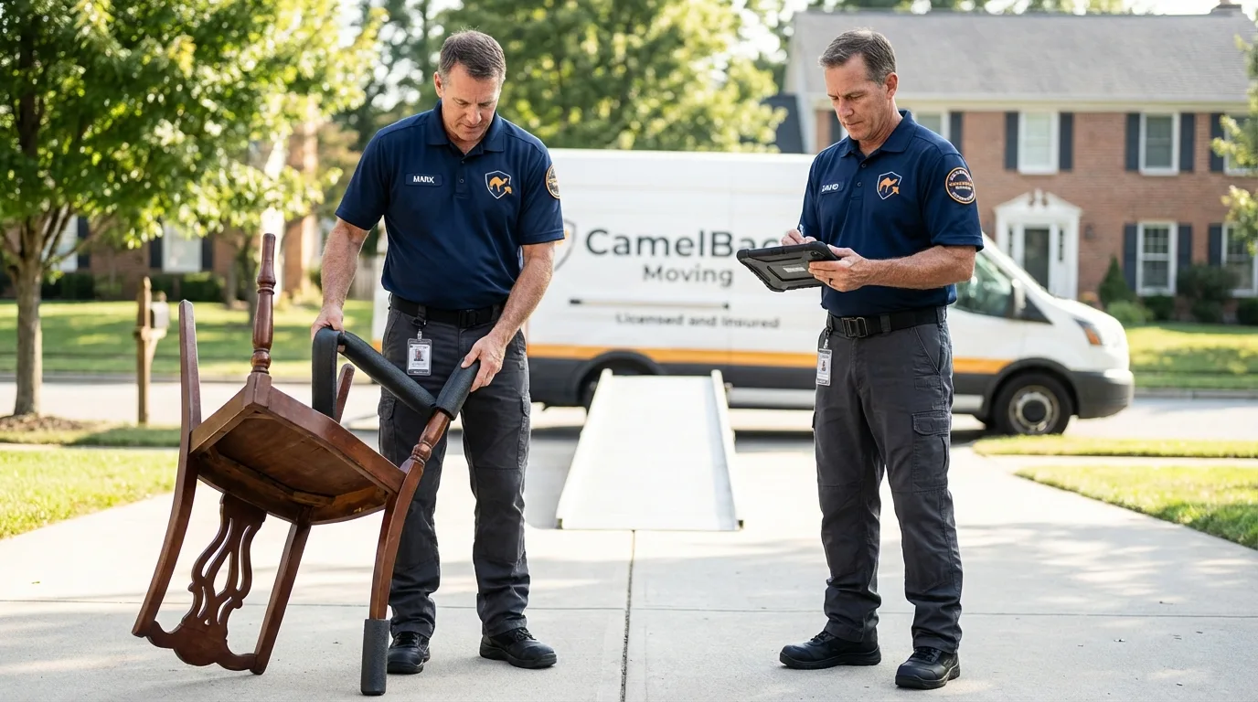 Movers inspecting furniture for damage prevention before loading in Pine Grove, CA