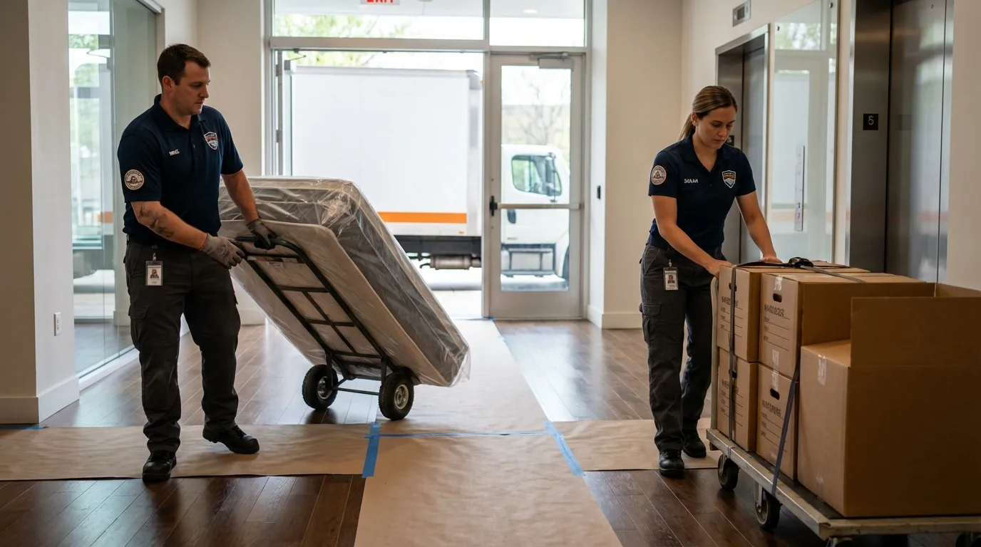 Professional apartment movers loading elevator in Pine Grove, CA